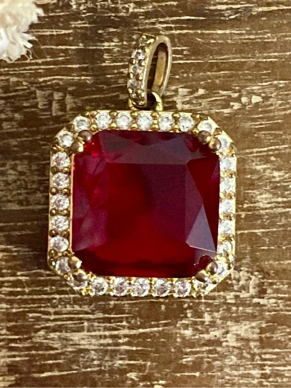 Men’s 18k Gold Plated Square Red Stone Halo Pendant Design by TSS
